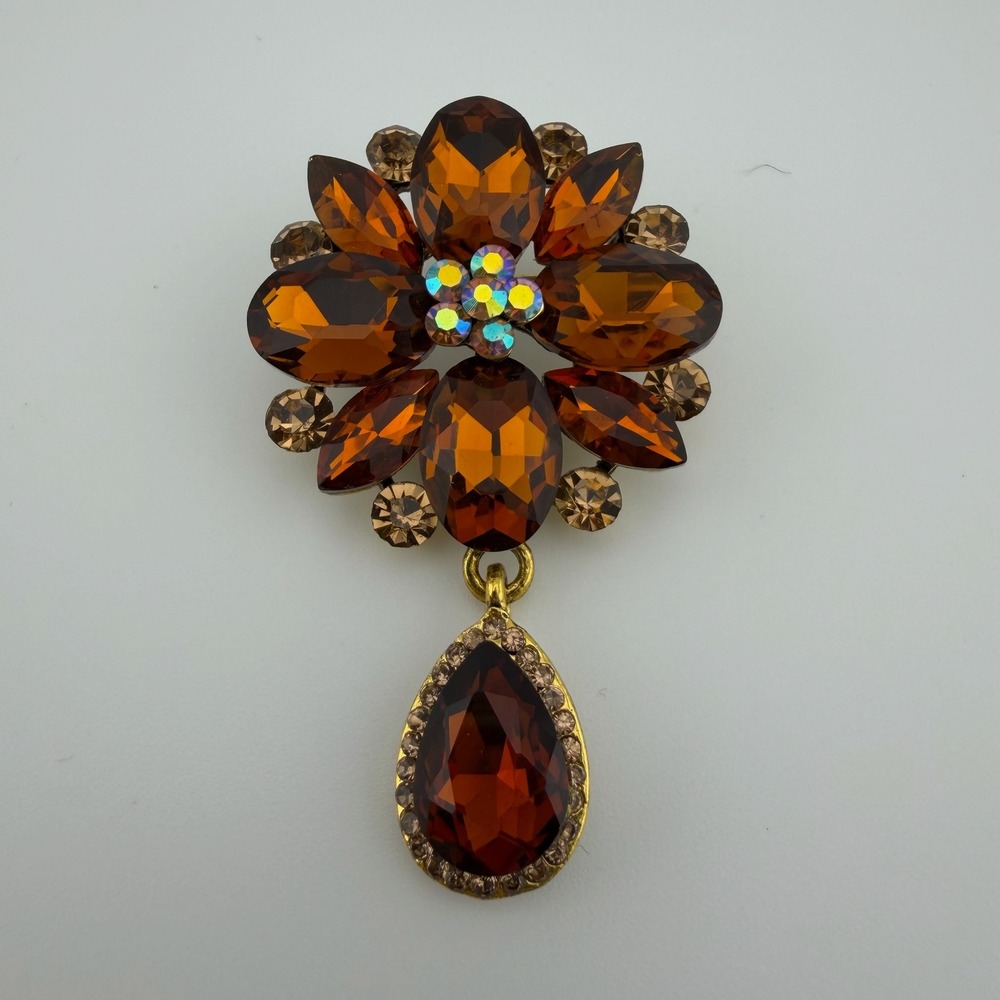 Amber Brown Rhinestone Flower Teardrop Dangle Brooch Pin